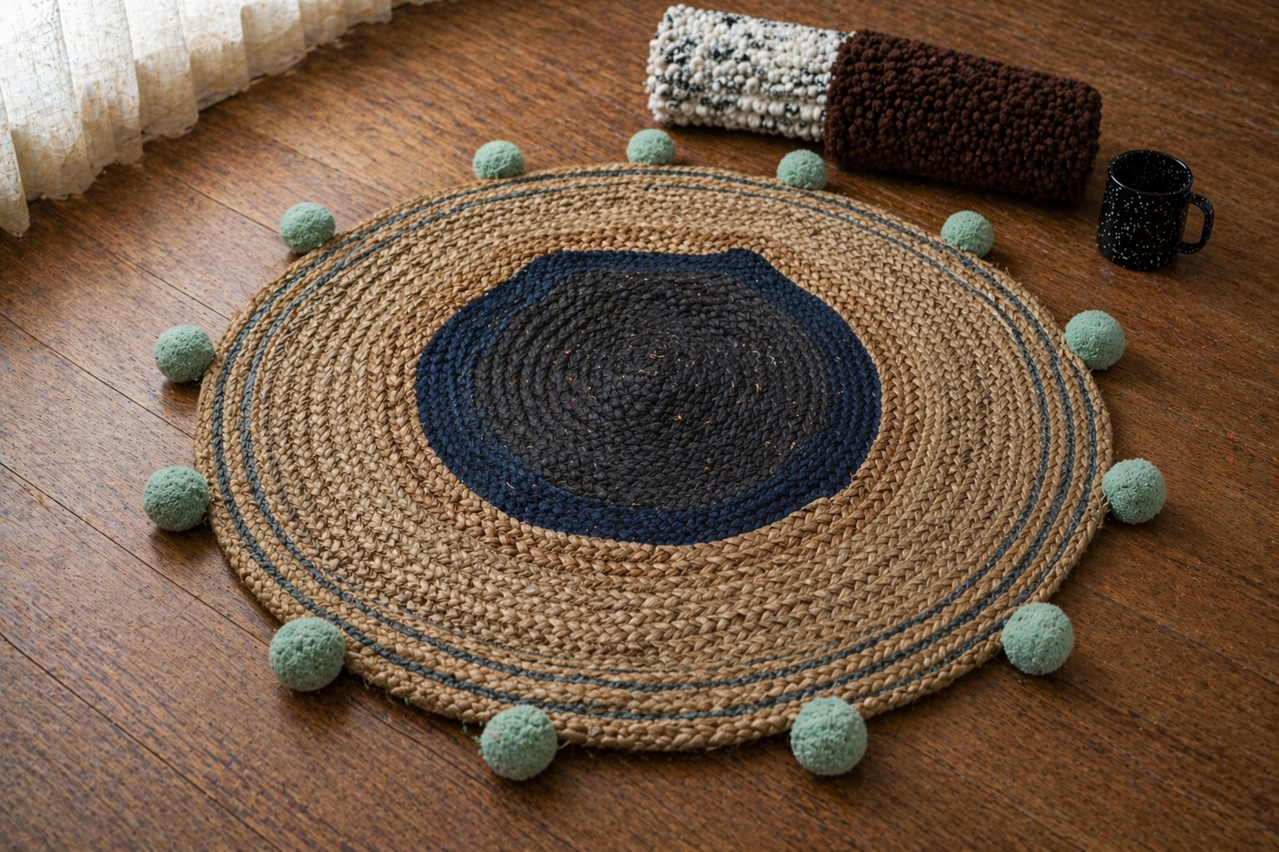 Coastal Weave Jute Round Rug with Pom-Pom Accents
