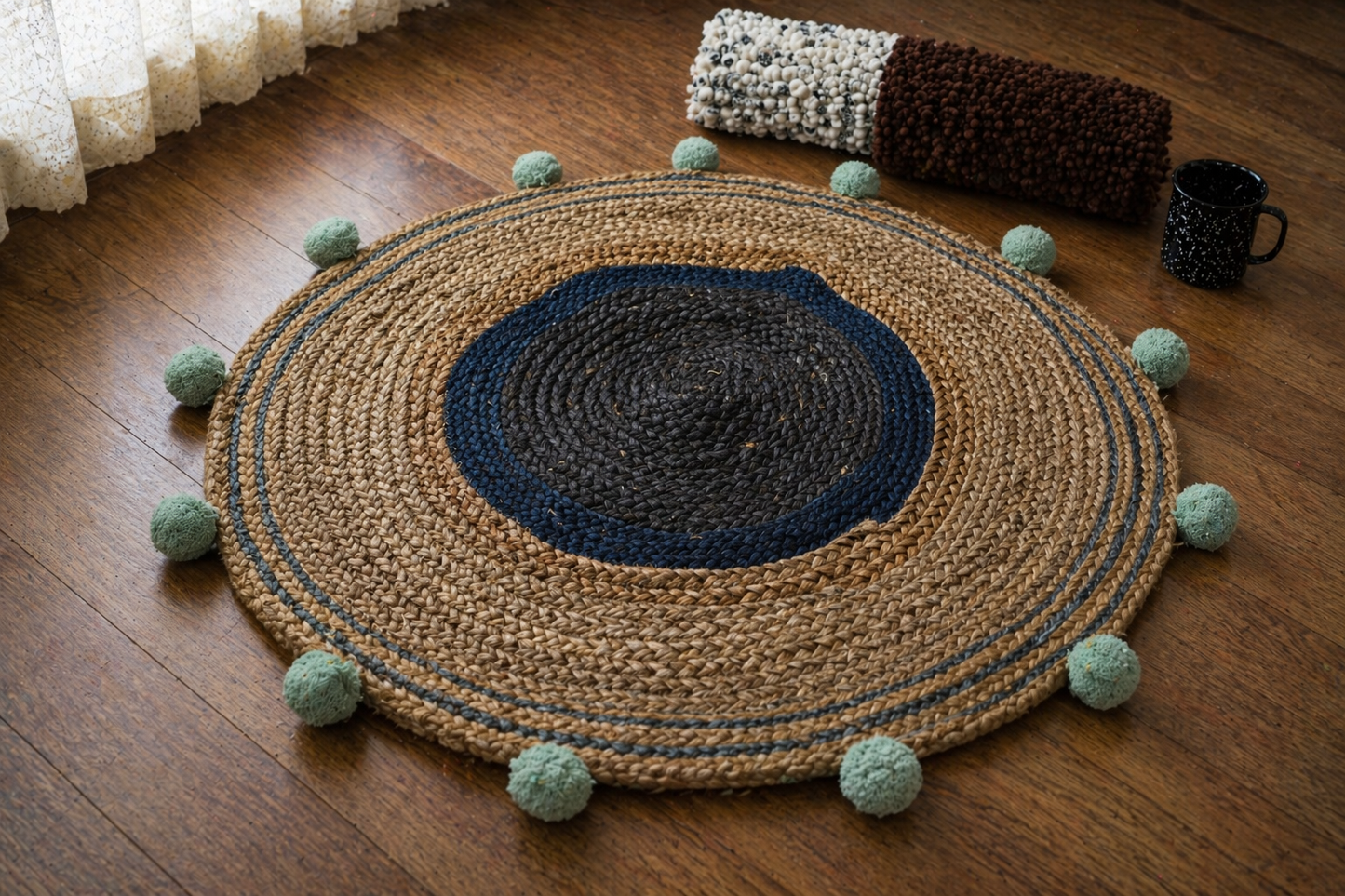 Coastal Weave Jute Round Rug with Pom-Pom Accents