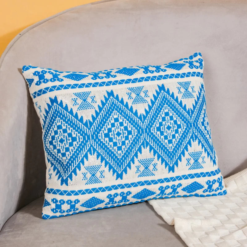 Traditional Handloom Cushion Cover And Runner Blue Set Of 3