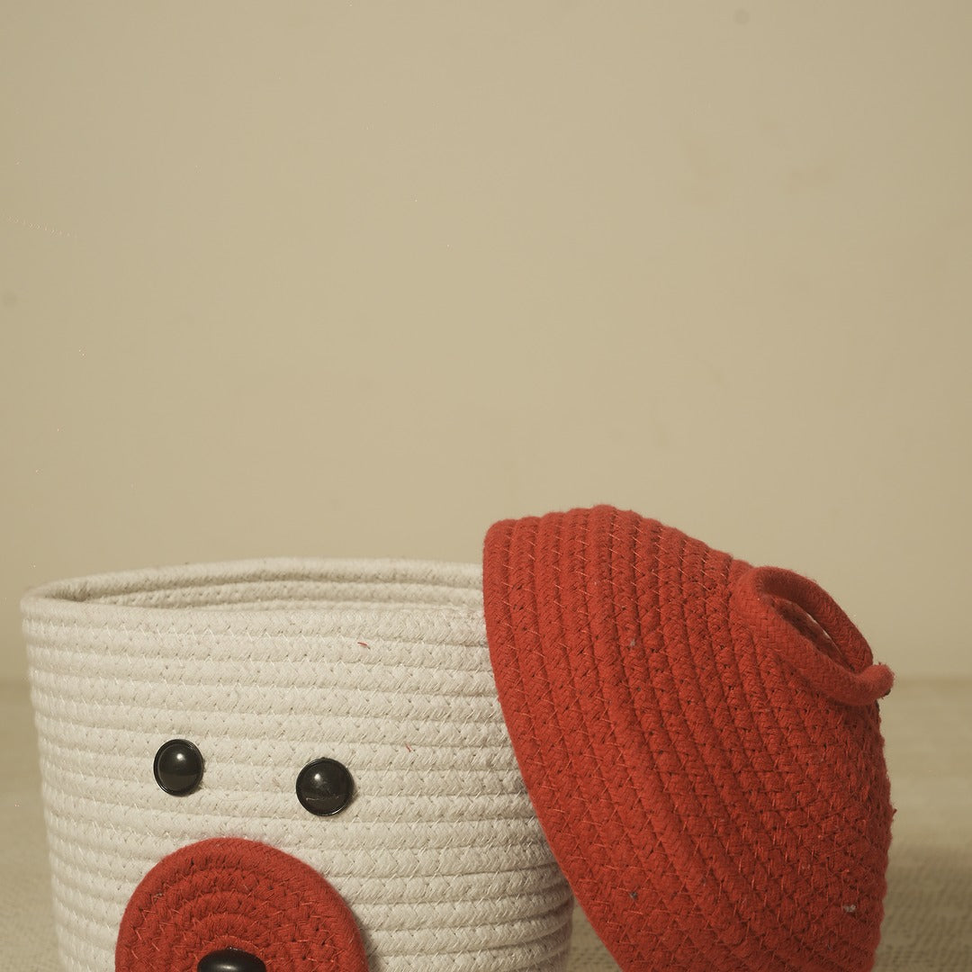 Doriaah Handmade Cotton Rope Storage Basket with Lid – White &amp; Red