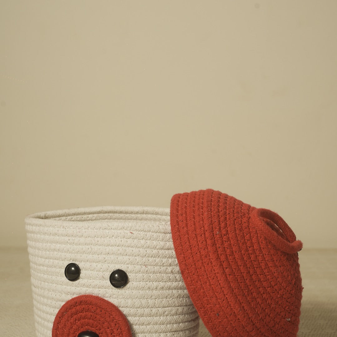 Doriaah Handmade Cotton Rope Storage Basket with Lid – White & Red