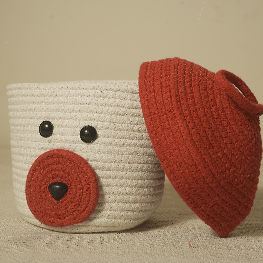 Doriaah Handmade Cotton Rope Storage Basket with Lid – White & Red