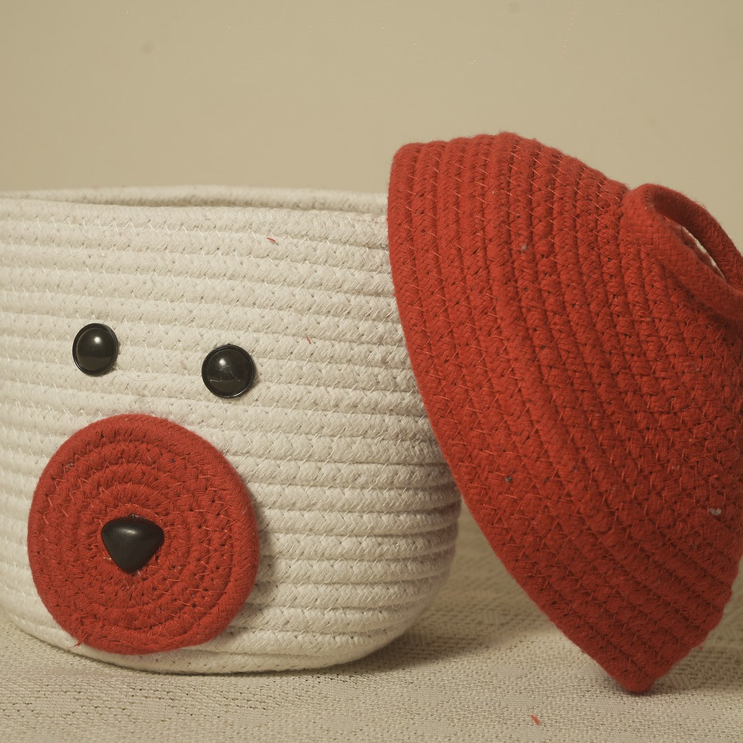 Doriaah Handmade Cotton Rope Storage Basket with Lid – White & Red