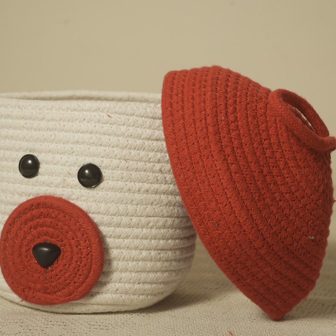 Doriaah Handmade Cotton Rope Storage Basket with Lid – White & Red