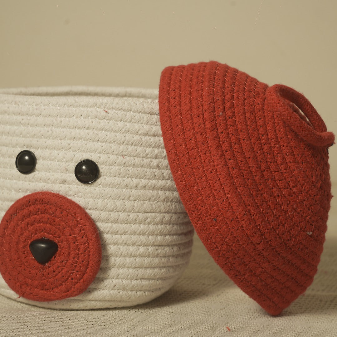 Doriaah Handmade Cotton Rope Storage Basket with Lid – White & Red