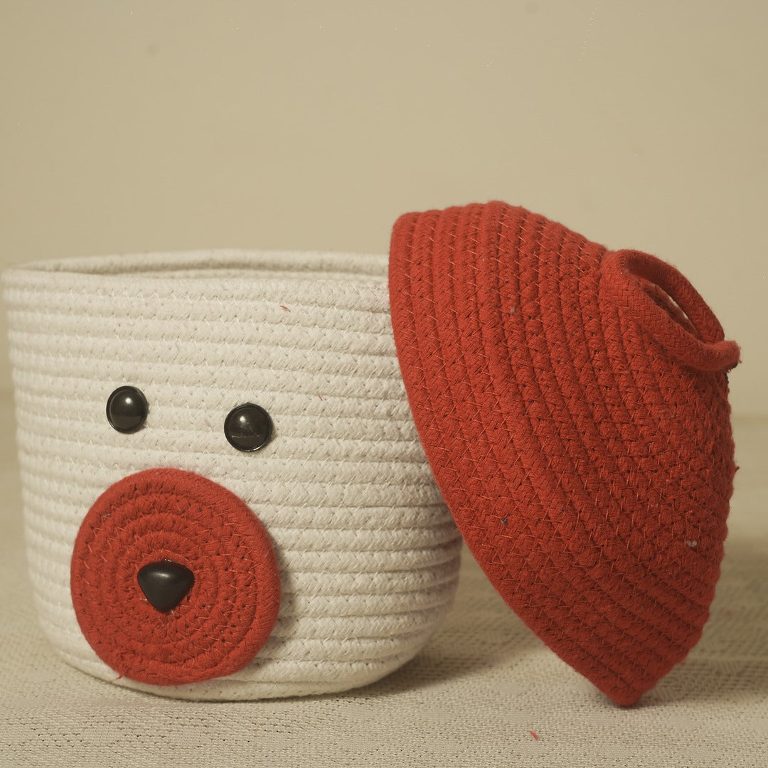 Doriaah Handmade Cotton Rope Storage Basket with Lid – White & Red