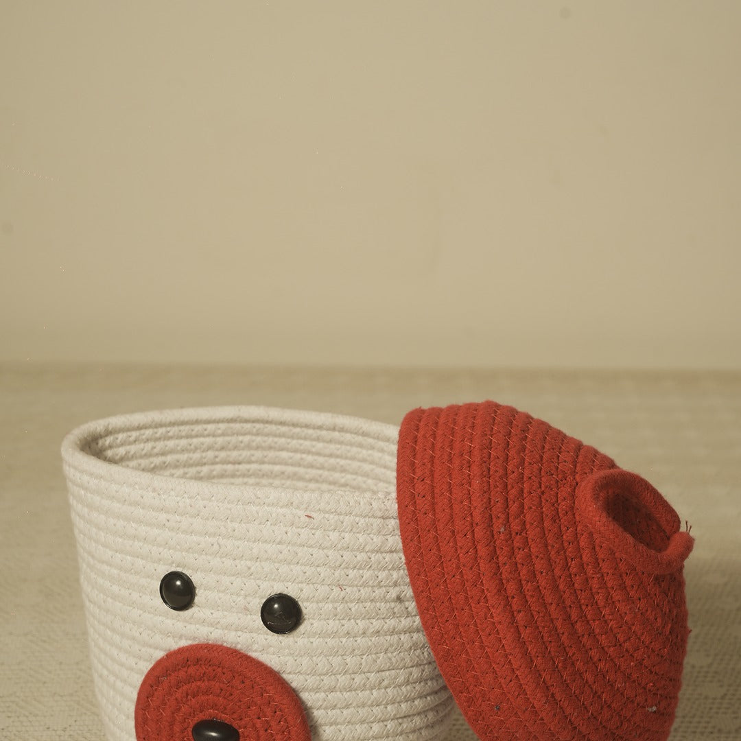 Doriaah Handmade Cotton Rope Storage Basket with Lid – White & Red