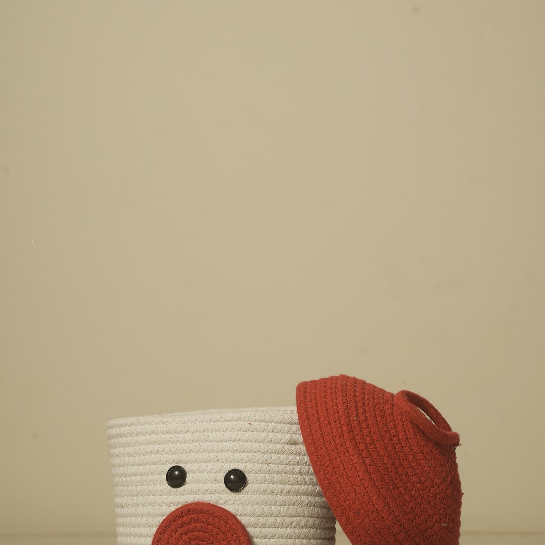 Doriaah Handmade Cotton Rope Storage Basket with Lid – White & Red